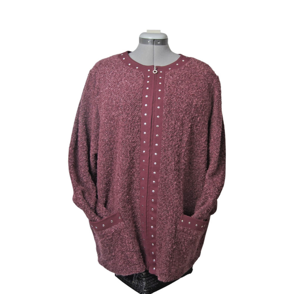 Cathy Daniels Burgundy Boucle Full Zip Cardigan Sweater Studded Plus 2X - Picture 4 of 12